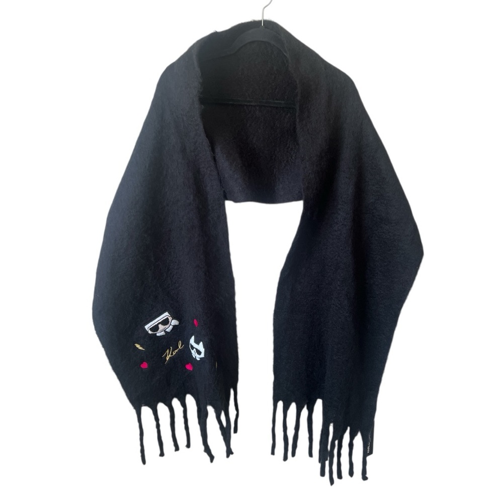 NWT Karl Lagerfeld Choupette Cat Scarf Black Embroidered Fringe $68